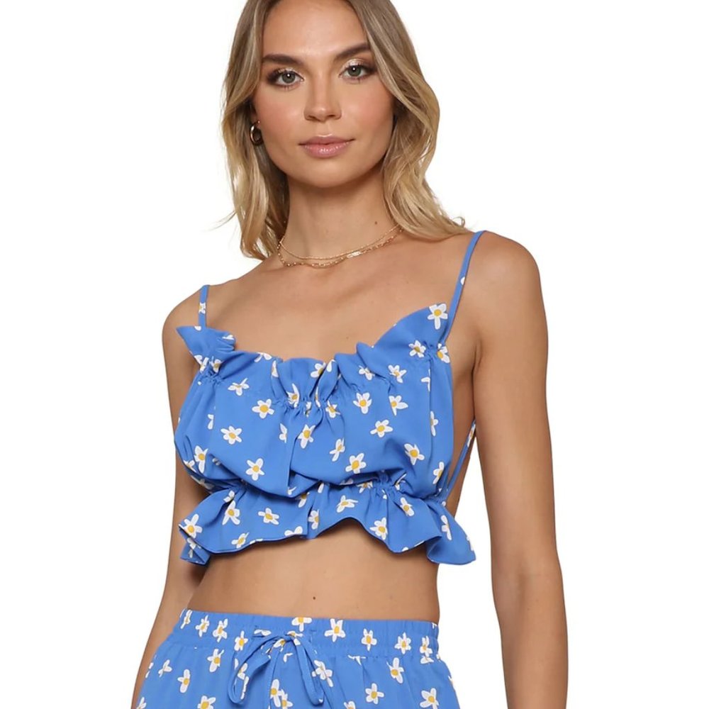 Darah Dahl Nicole Crop Top, Floral Blue, Backless, Small, BNWT